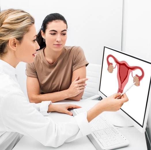 Ein Arzt zeigt auf ein Diagramm des weiblichen Fortpflanzungssystems auf einem Computerbildschirm, während er einer Patientin, die neben ihm in einer Arztpraxis sitzt, etwas erklärt.